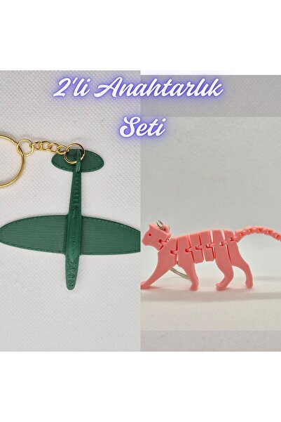 3DAtölyeMaker Dark Green Airplane and Light Pink Flexible Cat Keychain
