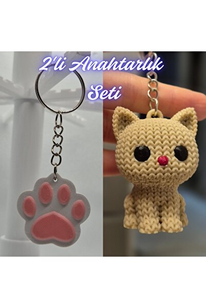 3DAtölyeMaker Light Pink Cat Paw and Cream Knitted Patterned Cat Keychain