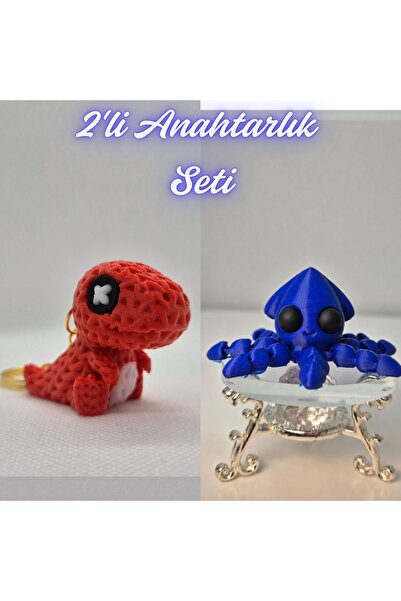 3DAtölyeMaker Red Knitted Pattern Moving Dino and Blue Squid Keychain