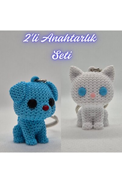 3DAtölyeMaker Light Blue Knitted Patterned Dog and White Knitted Patterned Ca...