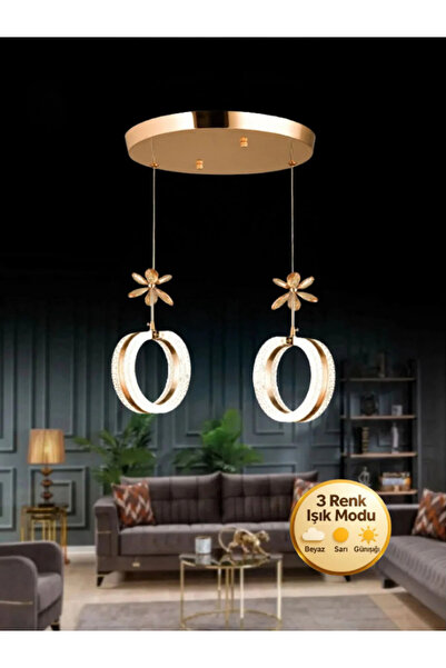 Mimoza Model 2’li Kristal Taşlı Gold 3 Renk Modu Ledli Salon Mutfak Oturma Odası Sarkıt Led Avize