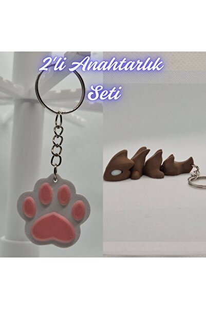 3DAtölyeMaker Light Pink Cat Paw and Dark Brown Flexible Dragon Keychain