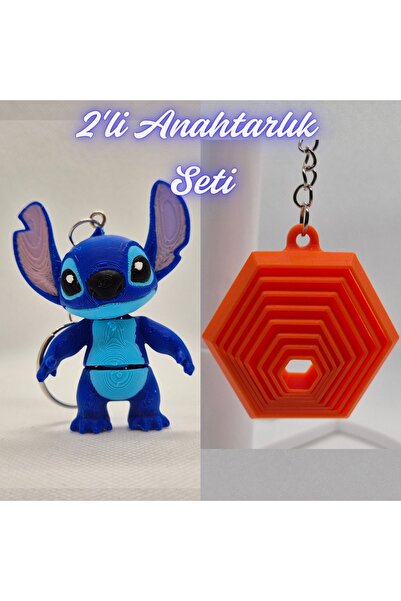 3DAtölyeMaker Blue Flexible Stitch and Orange Movable Hexagon Keychain