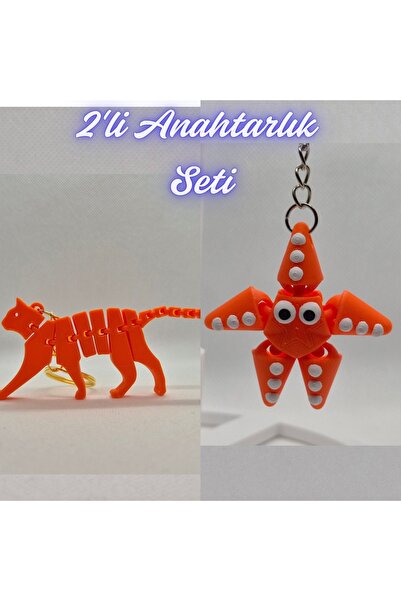 3DAtölyeMaker Orange Flexible Cat and Orange Moving Starfish Keychain