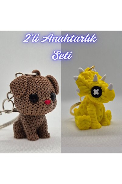 3DAtölyeMaker Dark Brown Knitted Patterned Dog and Yellow Knitted Pattern Tri...