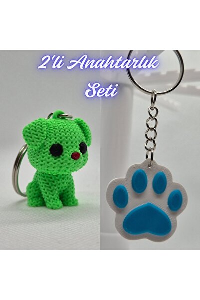 3DAtölyeMaker Light Green Knitted Patterned Dog and Light Blue Cat Paw Keychain