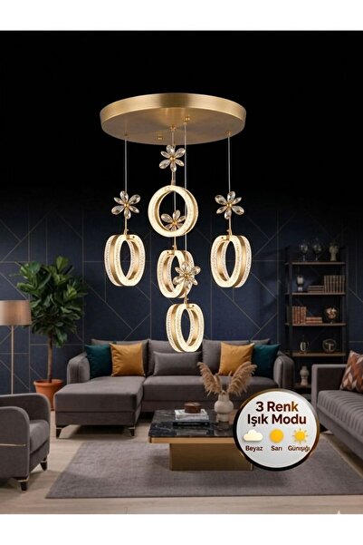 Lüxev Lighting Mozaik Model 5'li Gold 3 Renk Modu Ledli Kristal Taşlı Modern ...
