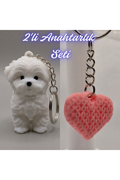 3DAtölyeMaker White Maltese Terrier and Light Pink Knitted Pattern Heart Keyc...
