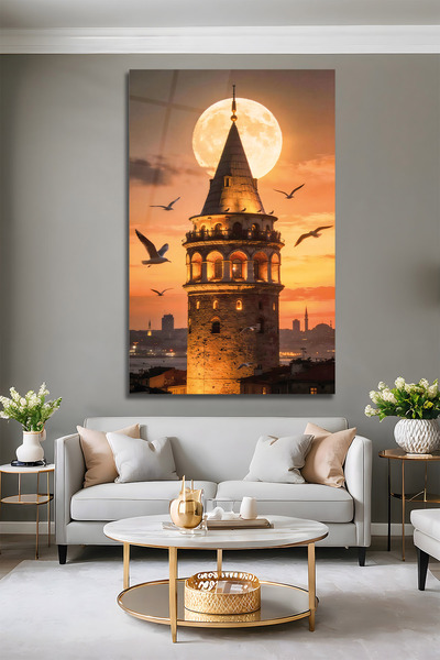 AltmışAltı Lüks Cam Tablo İstanbul Galata Kulesi Manzaralı Modern Salon Duvar...