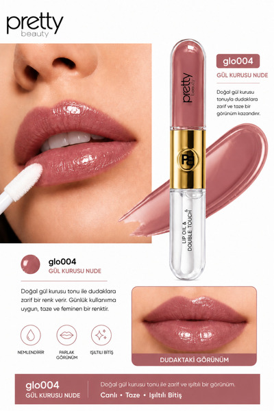 pretyy Pretty Beauty Lip Oil & Double Touch – glo004 (GÜL KURUSU NUDE)