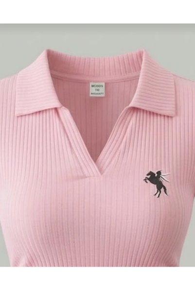 eyonnwear Embroidery Detailed Polo Collar Stretchy Ribbed Snap Fastener Women's Bodysuit