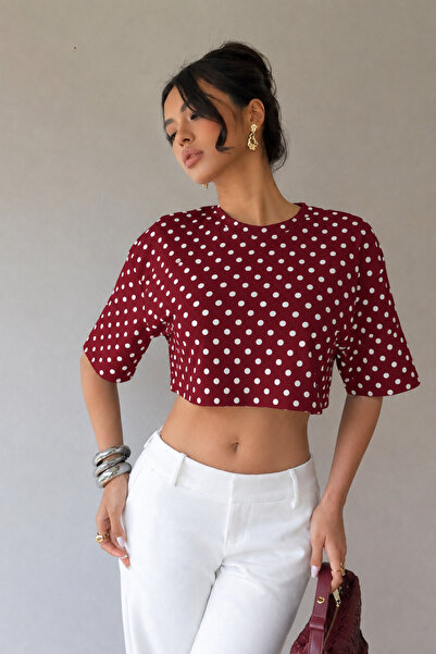 WEEST MODA Kadın Puantiye Desenli Crop Tişört Basic Oversize Yazlık Bluz