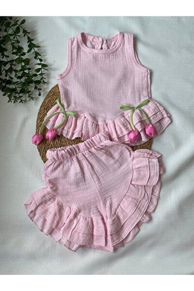 DEFLİN BABY Laleli Fırfırlı Şortlu Müslin Kız Çocuk Takım