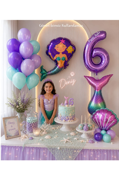 PARTİ AŞKI Pırıltılı Deniz Kızı 5'li Doğum Günü Balon Seti & Kız Çocuk Doğum ...