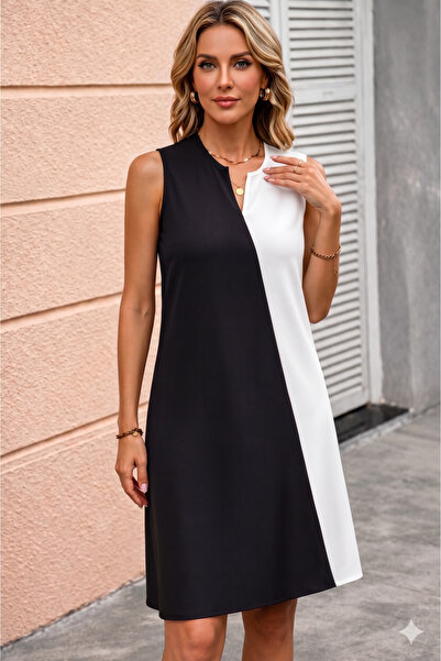 Viyamo New Season Women's Strappy V-Neck Double Color Imported Crepe Short Dress