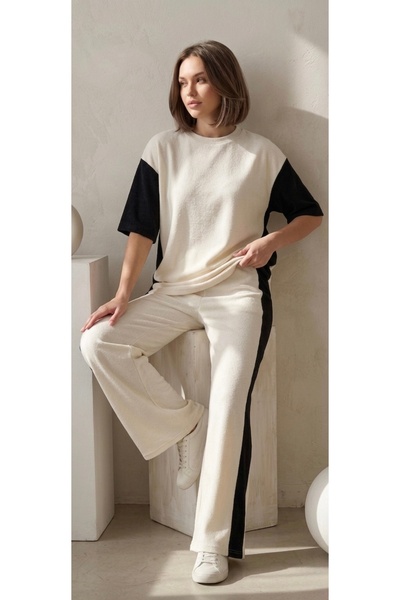 Die&More Color Detailed Elastic Waist Pants and Blouse Double Set