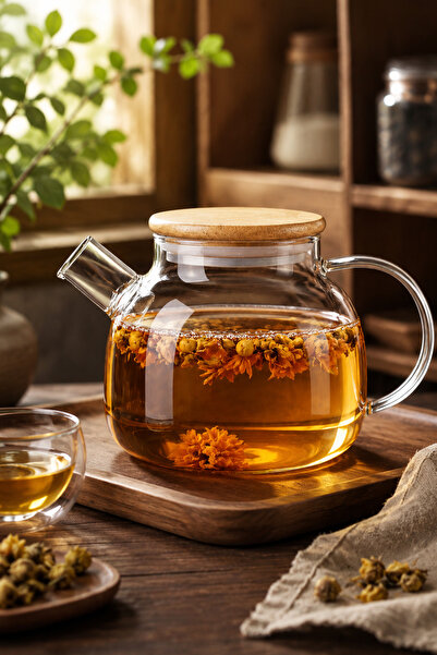 Bayguru 1000 ml Glass Teapot with Strainer for Herbal Tea, with Bamboo Lid
