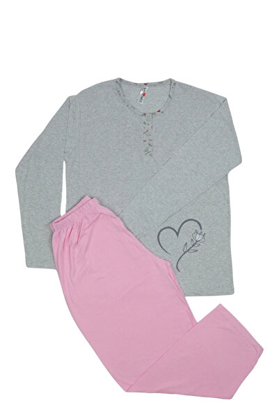 Serena Pijama damă GRI big size din bumbac mânecă lungă și pantaloni lungi ROZ