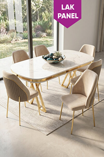 Canisa Lindia Serisi 90x168 Lak Panel Beyaz Mermer Desen Gold Ayaklı Masa Tak...