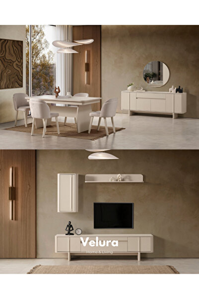 Velura Home & Living Eylül Yemek Odası Takımı - Krem (TV Ünitesi Dahil)