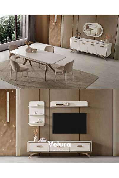 Velura Home & Living Nova Yemek Odası Takımı - Krem (TV Ünitesi Dahil)