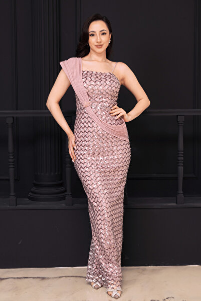 BEYBOS Sequin Shawl Detailed Long Evening Dress - Pudra