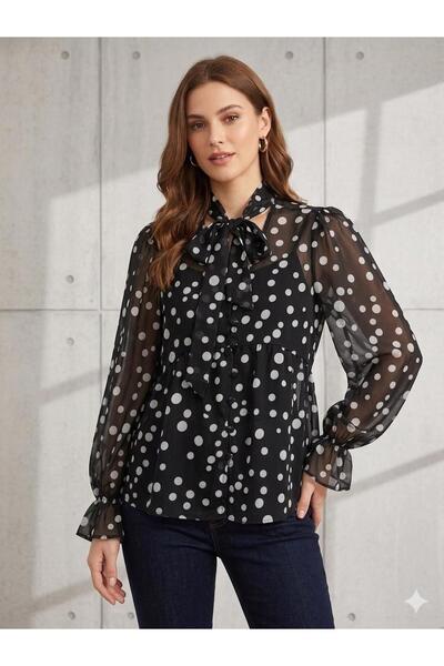 Lunea Womens Women's Black Polka Dot Tie-Up Buttoned Peplum Chiffon Shirt