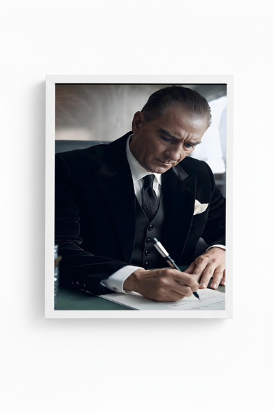 huhuli White Wooden Framed Mustafa Kemal Atatürk Printed Painting Huhu499