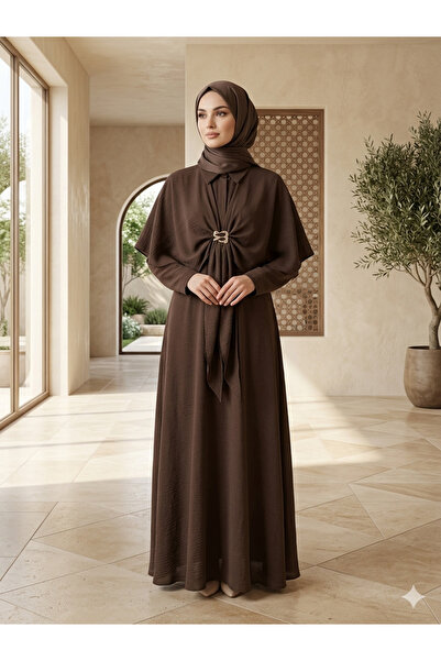 Sevitli Brooch Detailed Cape Detailed Hijab Dress-Brown