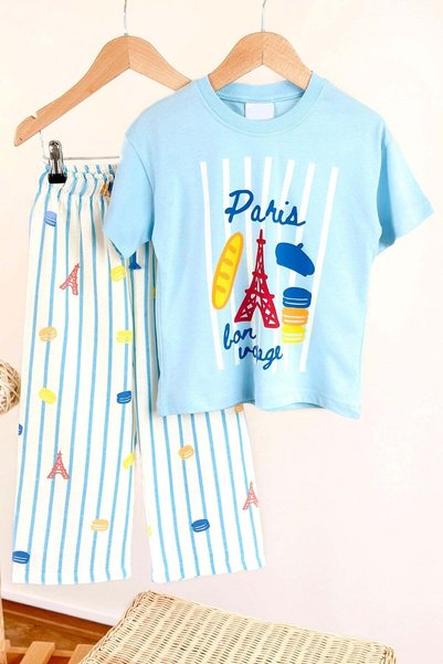 Monila Boys' Cotton Blue Paris Printed T-Shirt and Striped Pants Bottom Top Set