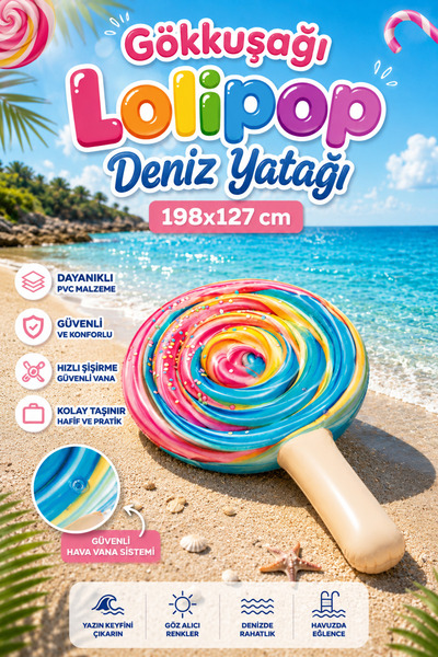craftivio Premium Dev Gökkuşağı Lolipop Şişme Deniz Yatağı Havuz Yatağı 198x1...