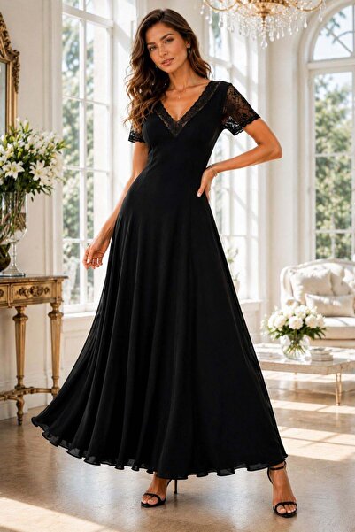Mossta Short Sleeve V-Neck Long Crepe Dress - Black