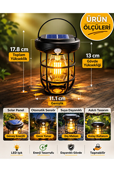 kialed Solar Şarjlı Kamp Lambası Sensörlü LED Fener Güneş Enerjili Taşınabili...