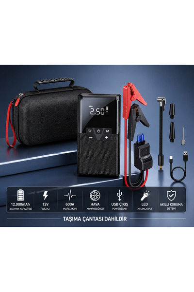 AteşTech 12.000 mAh Şarjlı Akü Takviye Cihazı ve Hava Kompresörü Lastik Şişir...