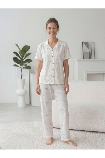 STELLAPİNK Multi-Colored Bow Patterned Buttoned Soft Summer Ribbed Cotton Knitted Pajama Set