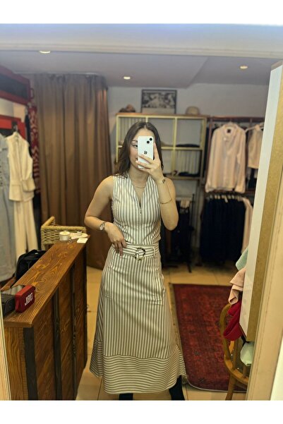 Başak Bulut Butik Çizgili Keten Görünümlü Yelek Etek Takım