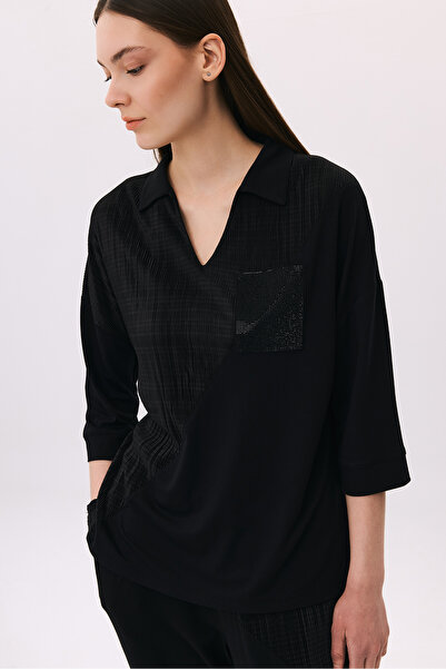 DAIDO Women's Polo Collar Blouse with Double Fabric Detail 6246 Black