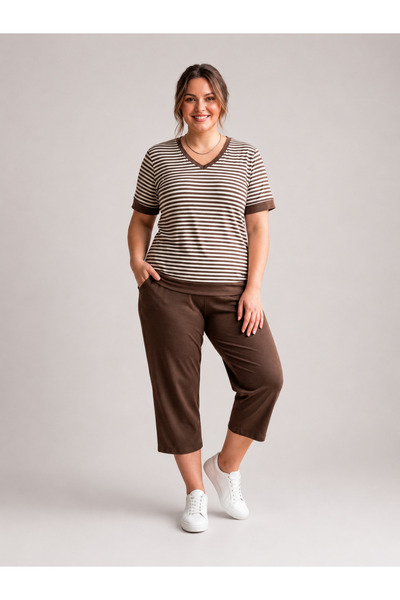 OYERGA MODA Women's Plus Size 100% Cotton Short Sleeve Capri Two-Piece Set