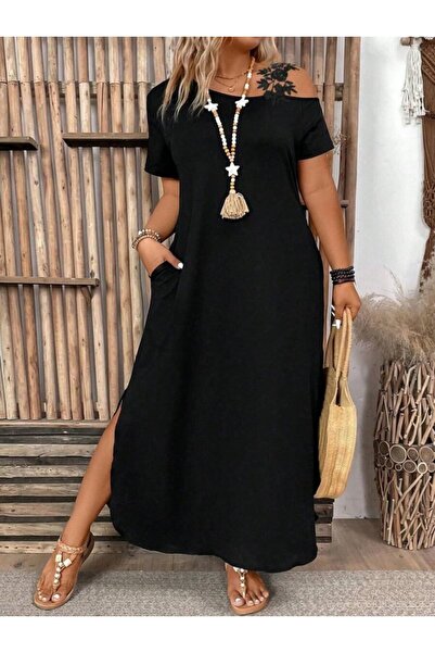 Wear Up Women's Short Sleeve Open Shoulder Long Viscose Dress with Pocket Detail