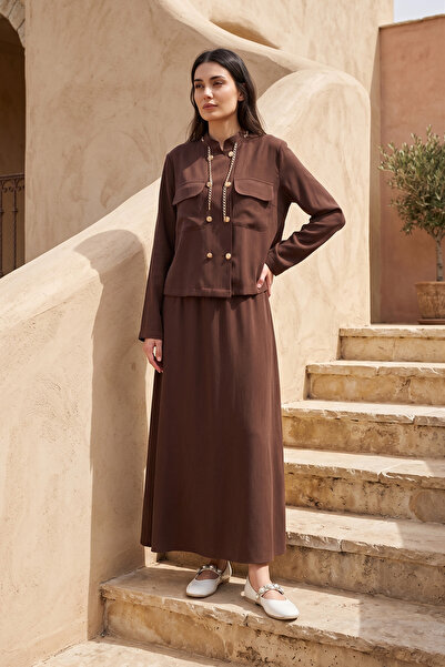 Lale Butik Collar Chain Detail Skirt Suit 26198 Brown