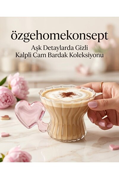 özgehomekonsept Pembe Kalp Kulplu Cam Kupa- sıcak ve soğuk içecek Bardağı