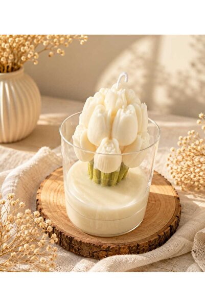 Lumera Candle Bardakta lale Çiçek demeti dekoratif el yapımı kokulu kişiye öz...