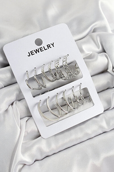 USLUCAN ALIŞVERİŞ Brass Mixed Ring Model Silver Color 6 Pairs Women's Earring...
