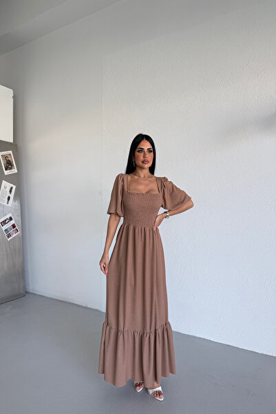 LİLA İSTANBUL Women's Square Neck Balloon Sleeve Maxi Dress