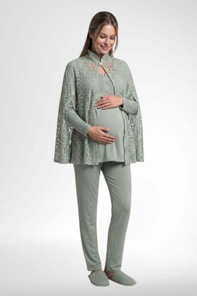 Mecit Pijama Mecit 6402 Κομψό Σετ Πιτζάμες Εγκυμοσύνης με Πράσινη Δαντέλα και...