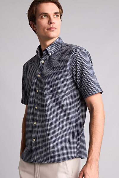 DeFacto Regular Fit Polo Collar Checkered Crinkle Fabric Short Sleeve Shirt H...
