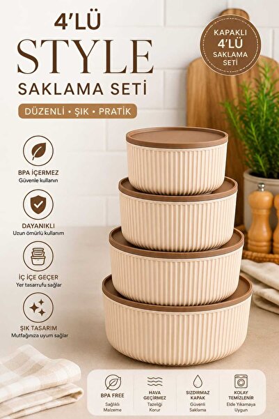 Herza House Set of 4 Round Storage Containers Striped Beige |   Microwave and...