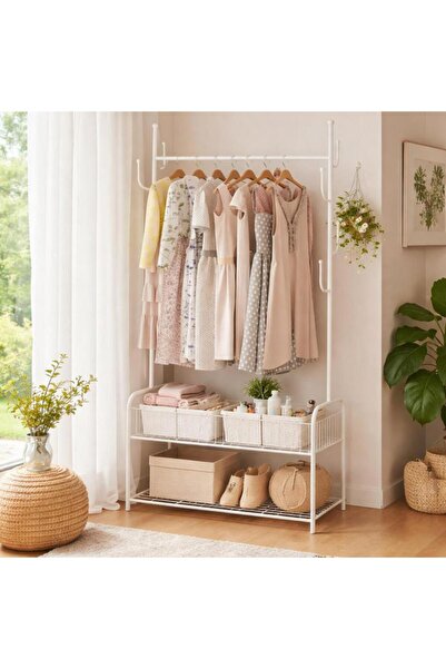 laverahome Modern Garment Rack with Two Bottom Shelves – White