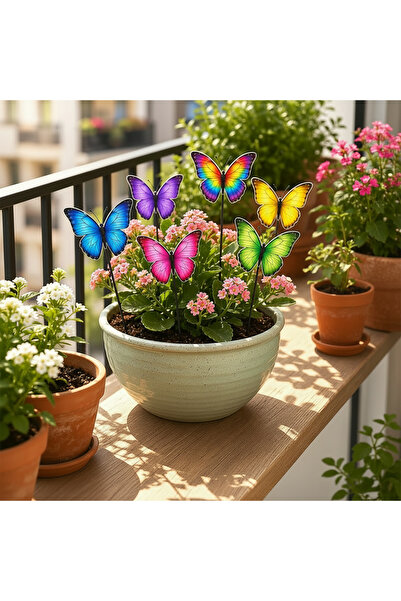 decorelax 6'lı Renkli Dekoratif Bahçe Süsü Model 1 - 34 cm Saplamalı Saksı ve...