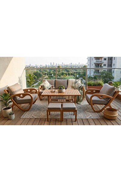 zerkaconcept Gardenlove Bahçe Balkon Koltuk Masif Ahşap Kestane Ağacı 3+1+1 K...